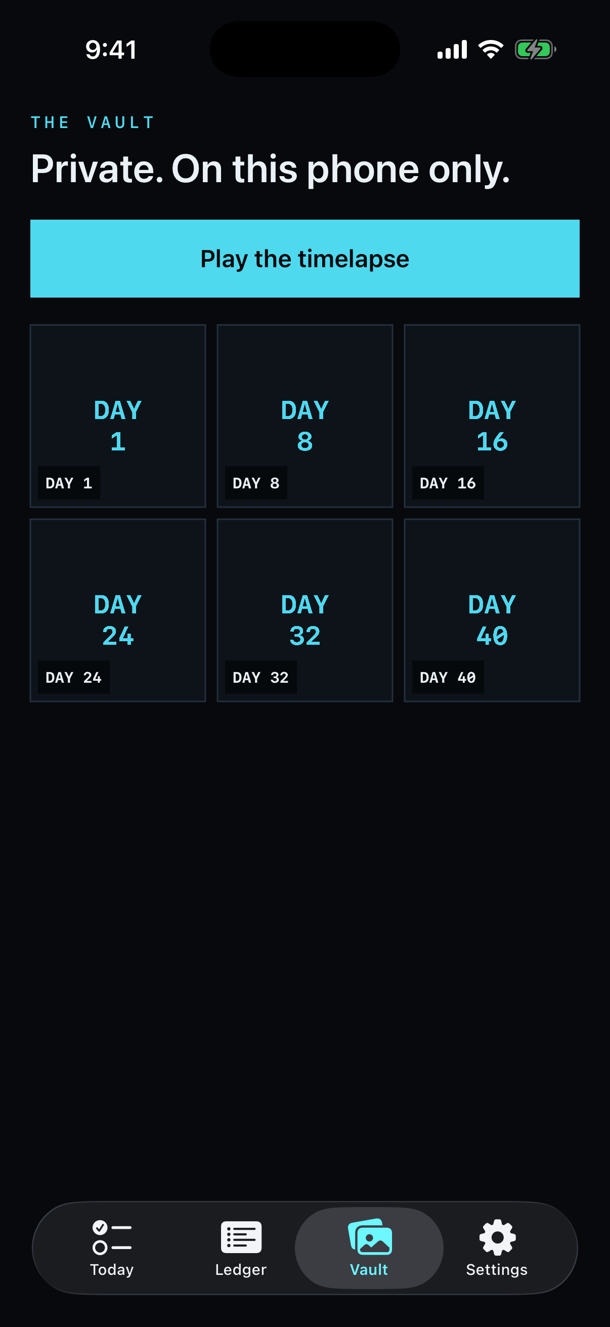 Hard Mode photo vault — private on-device progress photos and a Play the timelapse button